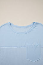 Solid Coluor Raw Seam Waffled Patchwork Casual T Shirt