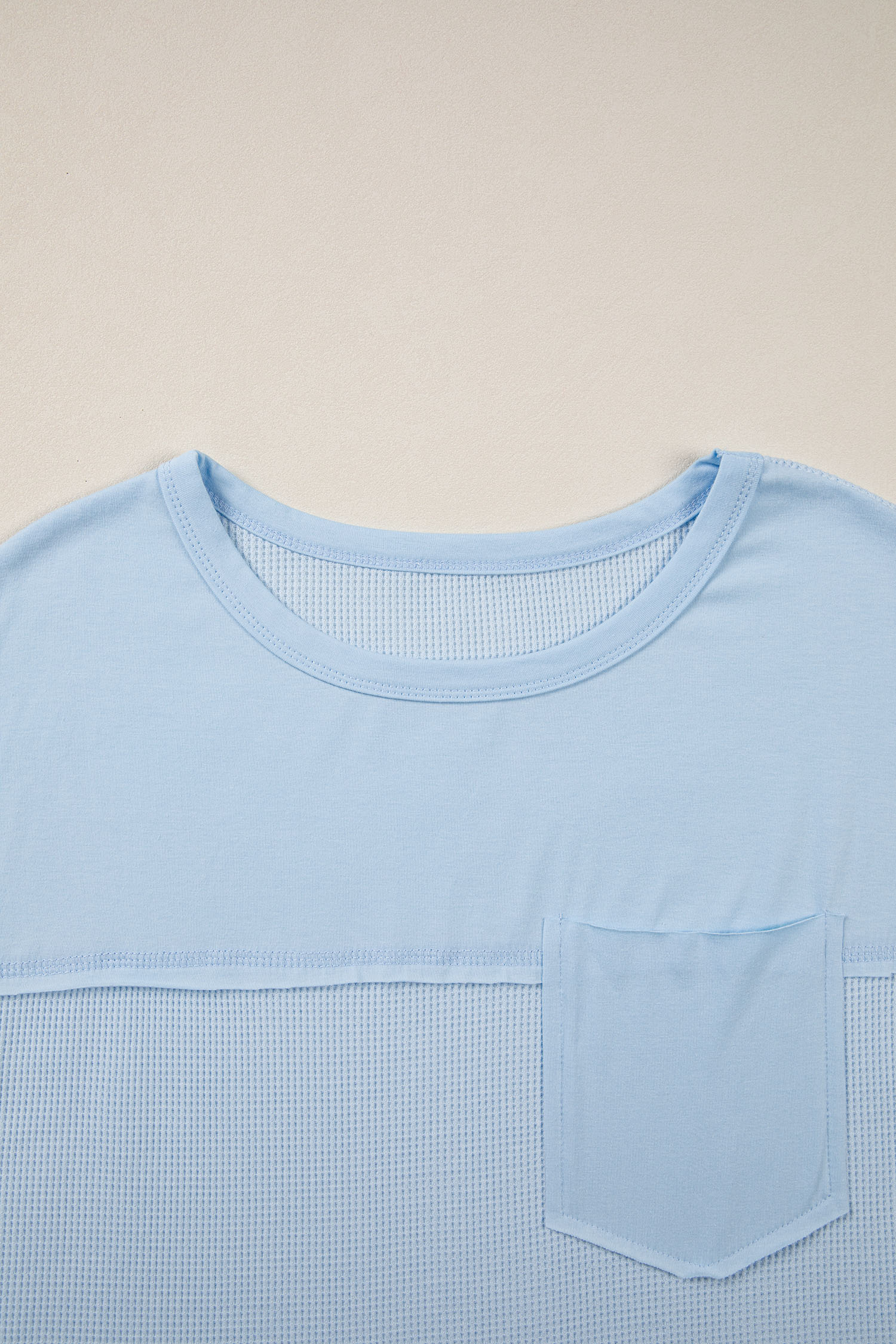 Solid Coluor Raw Seam Waffled Patchwork Casual T Shirt