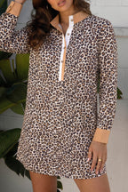 Button Striped Collar Leopard Print Long Sleeve Flared Dress