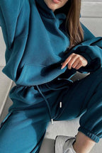 Peacock Blue Cozy Hooded Sweatshirt Drawstring Elastic Waistband Cargo Pant Set