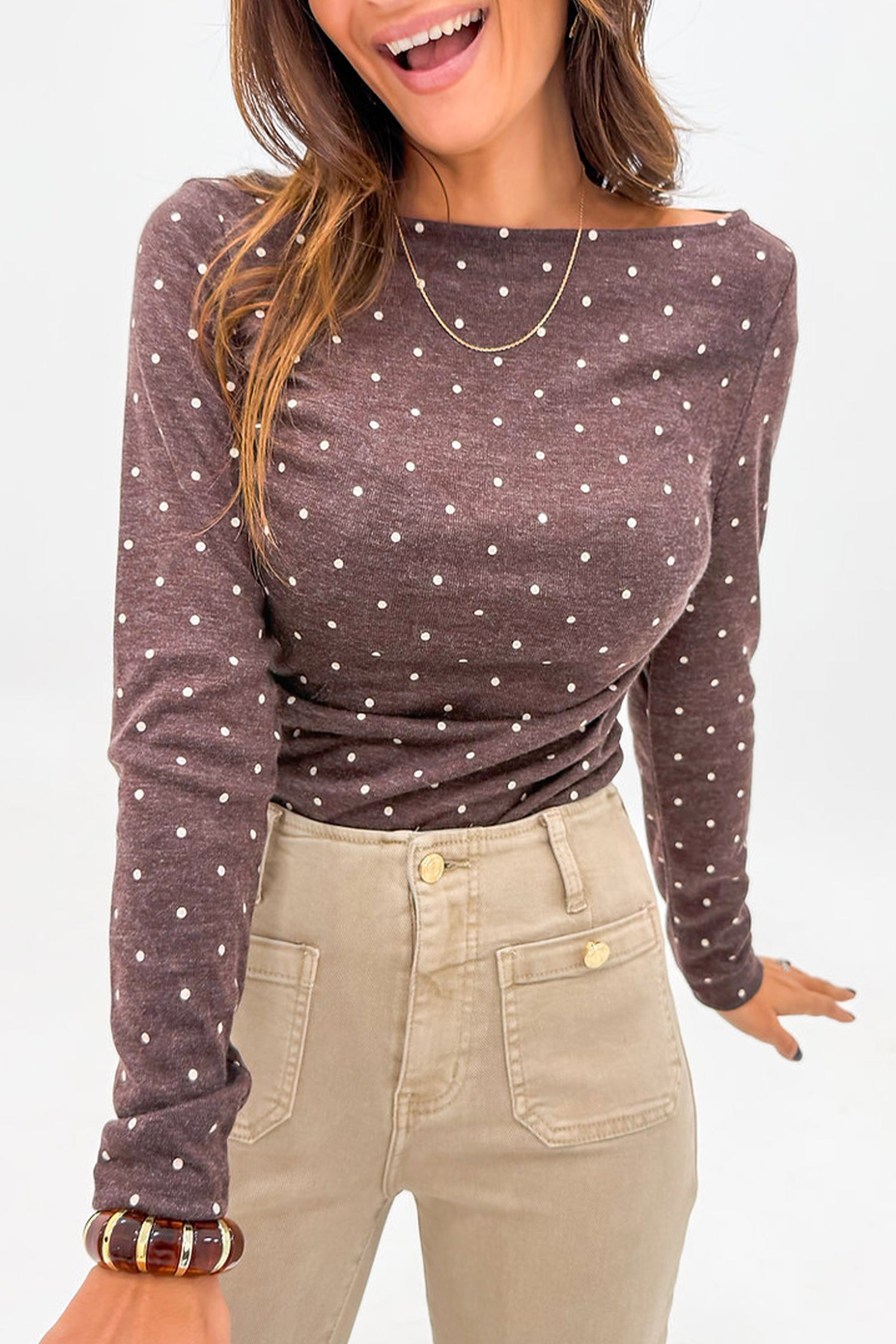 Polka Dot Boat Neck Knit Long Sleeve T Shirt