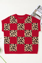 Red Leopard Checkerboard Short Sleeve Knit Sweater