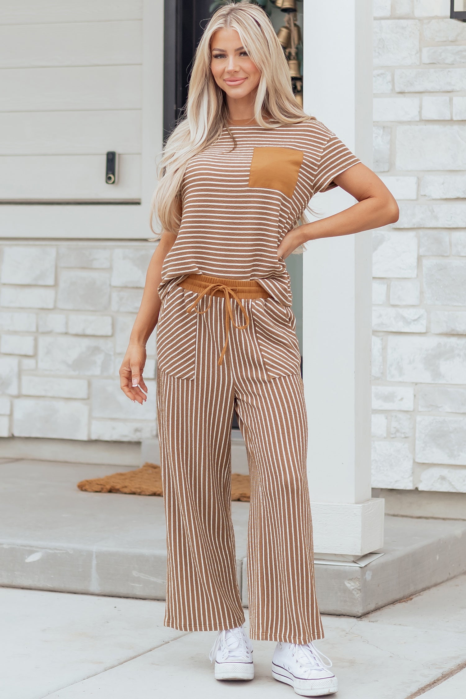 Striped Crew Neck Tee Drawstring Waist Cropped Pants Set