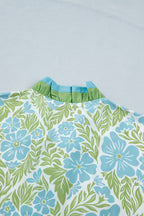 Sky Blue Botanical Floral Print Frilled Trim V Neck Button Front Loose Dress