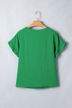 Solid Color Ruffle Trim Short Sleeve Blouse