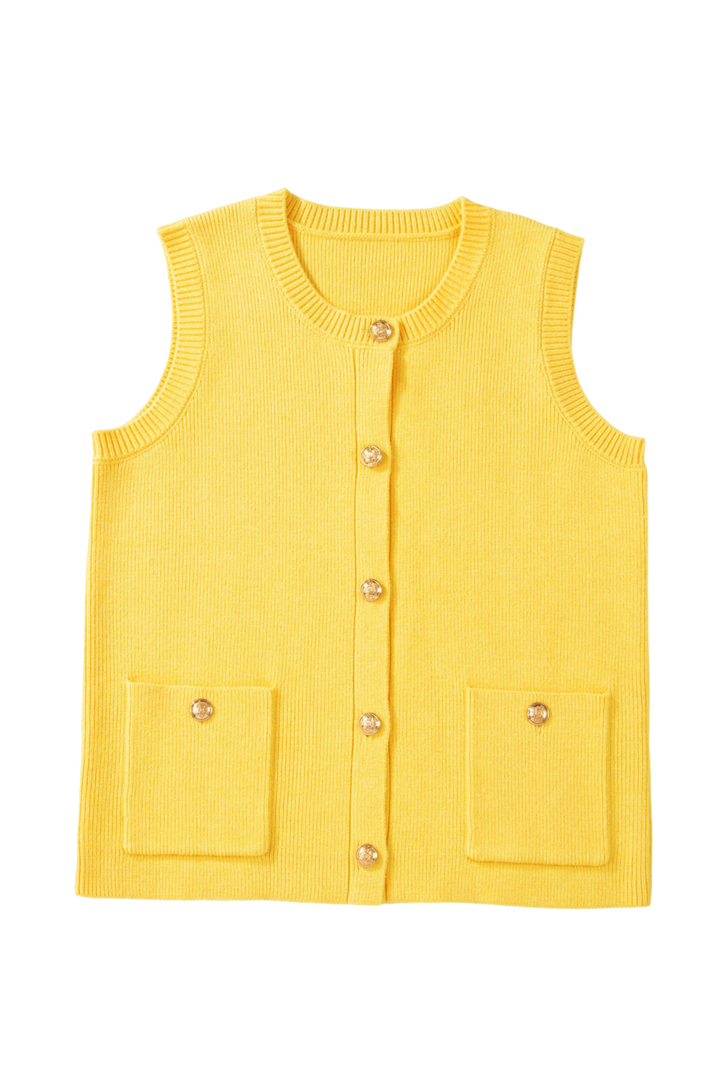 Solid Color Sleeveless Knit Button Pocketed Sweater