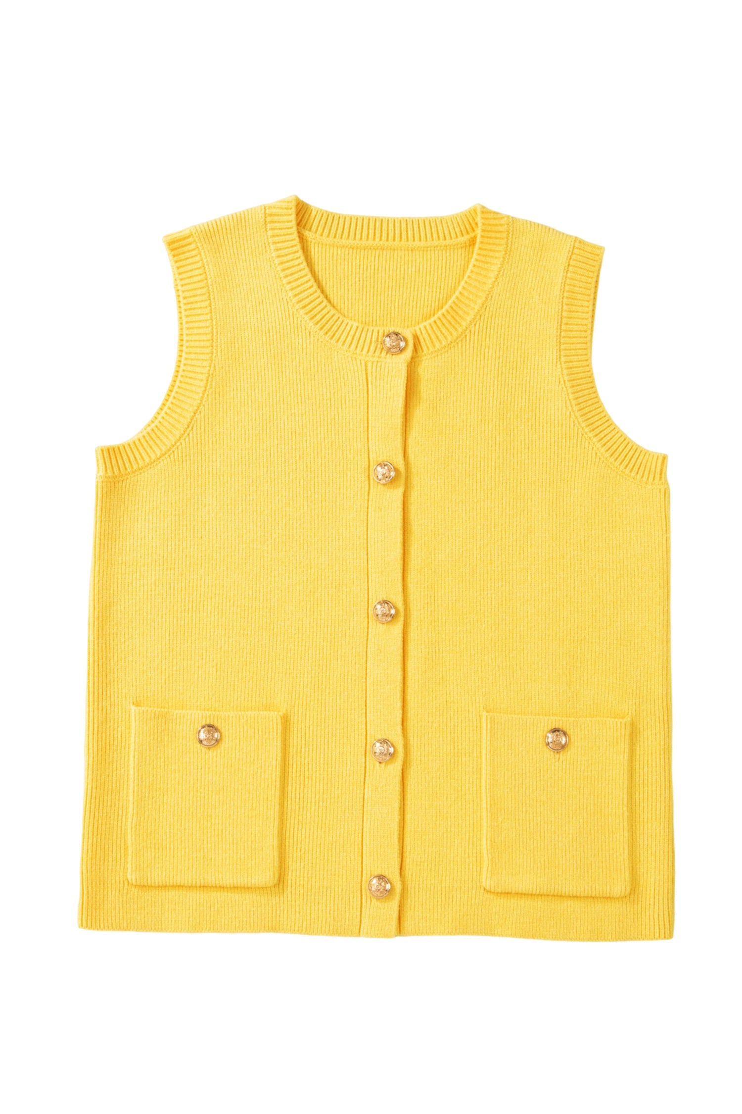 Solid Color Sleeveless Knit Button Pocketed Sweater