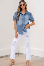Beau Blue Frilled Short Sleeve Snap Button Denim Shirt