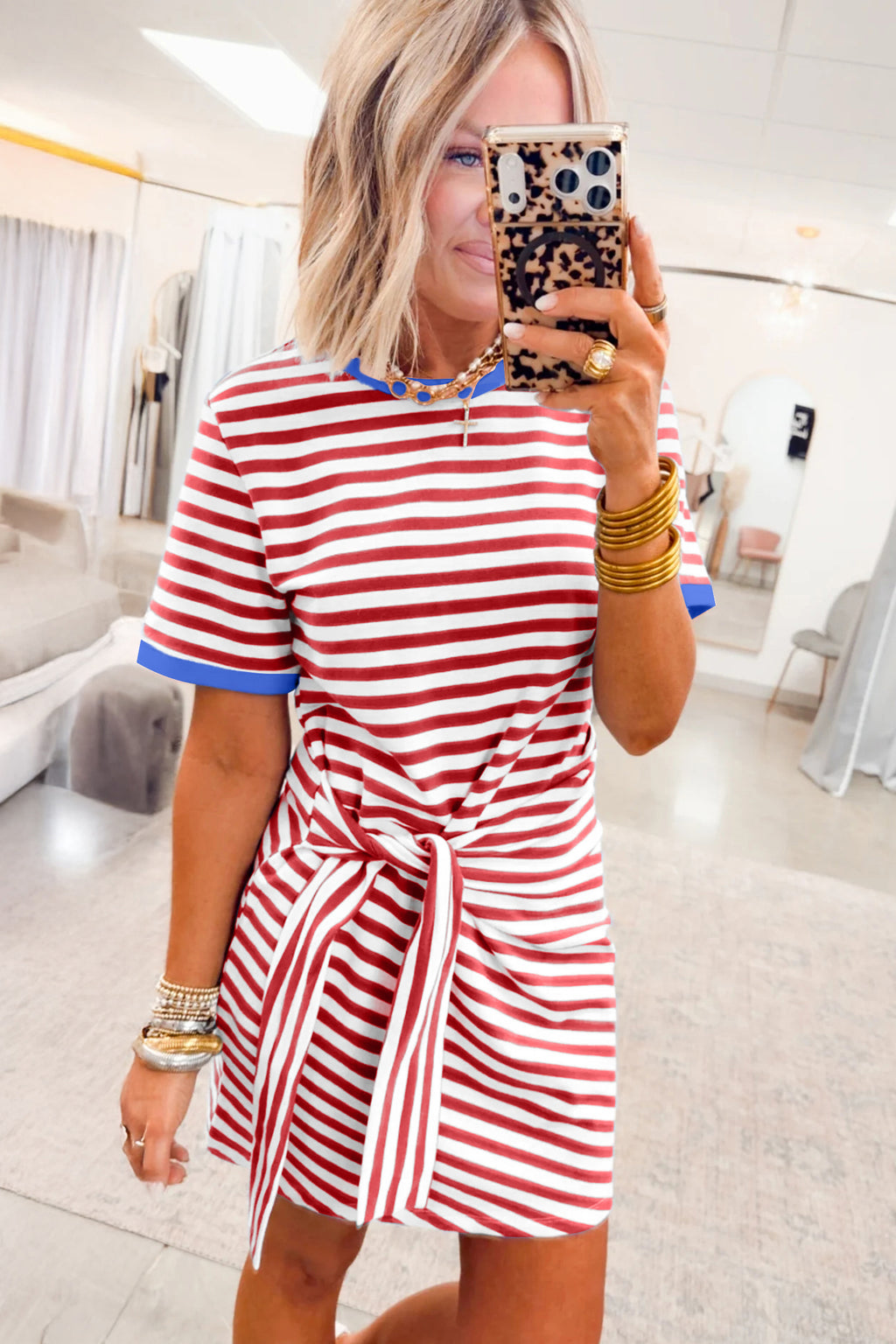 Striped Nautical Tie Contrast Trim Round Neck T Shirt Mini Dress
