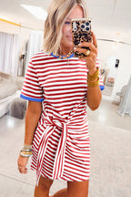 Striped Nautical Tie Contrast Trim Round Neck T Shirt Mini Dress