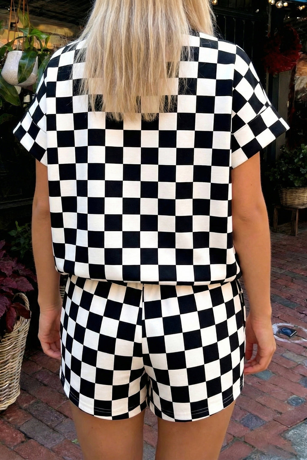 Checkered Print Colour Block Trim Mock Neck Short Set