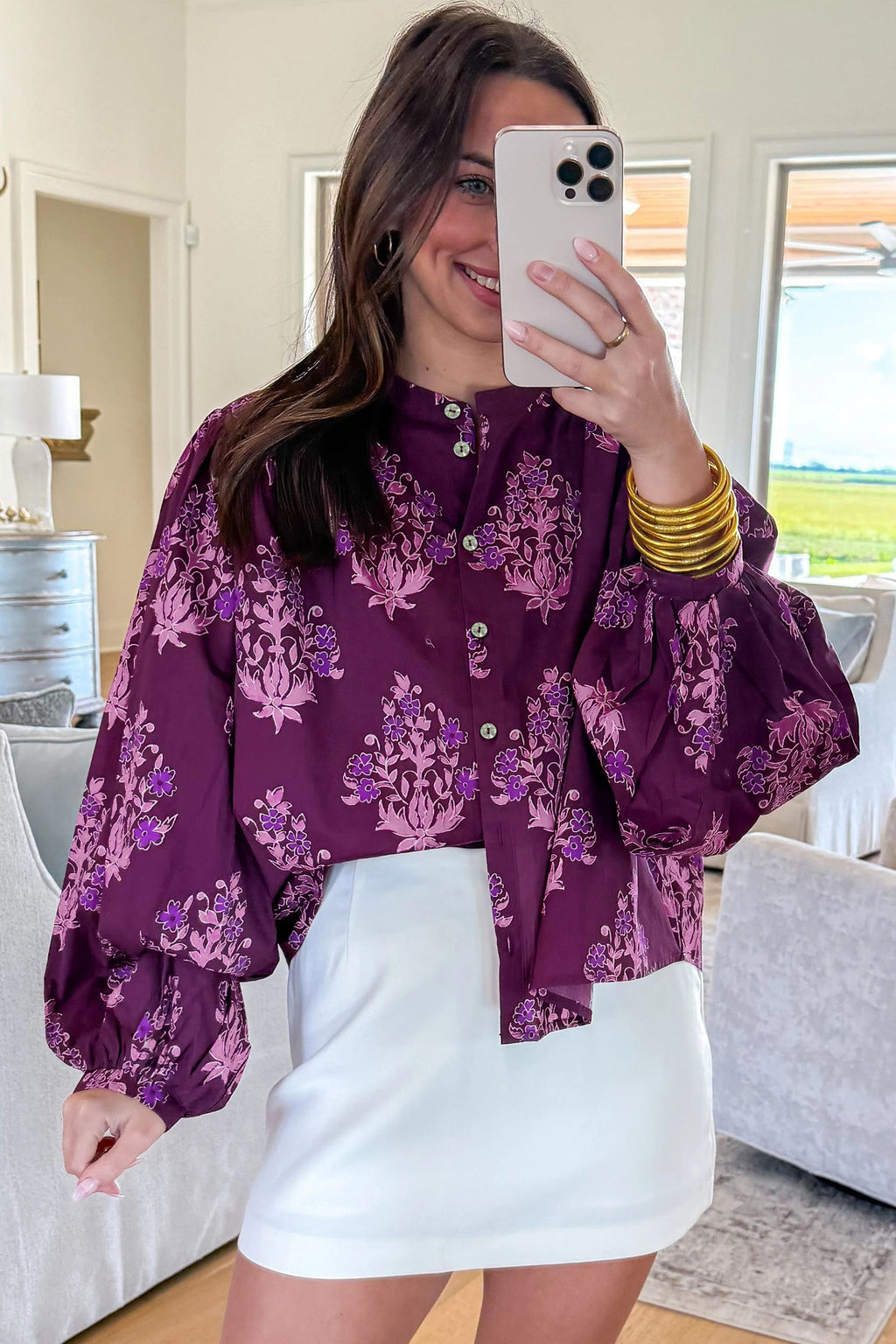 Purple Floral Print Button Front Long Sleeve Round Neck Casual Shift Top