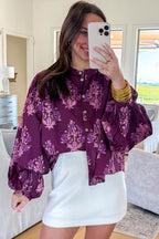 Purple Floral Print Button Front Long Sleeve Round Neck Casual Shift Top