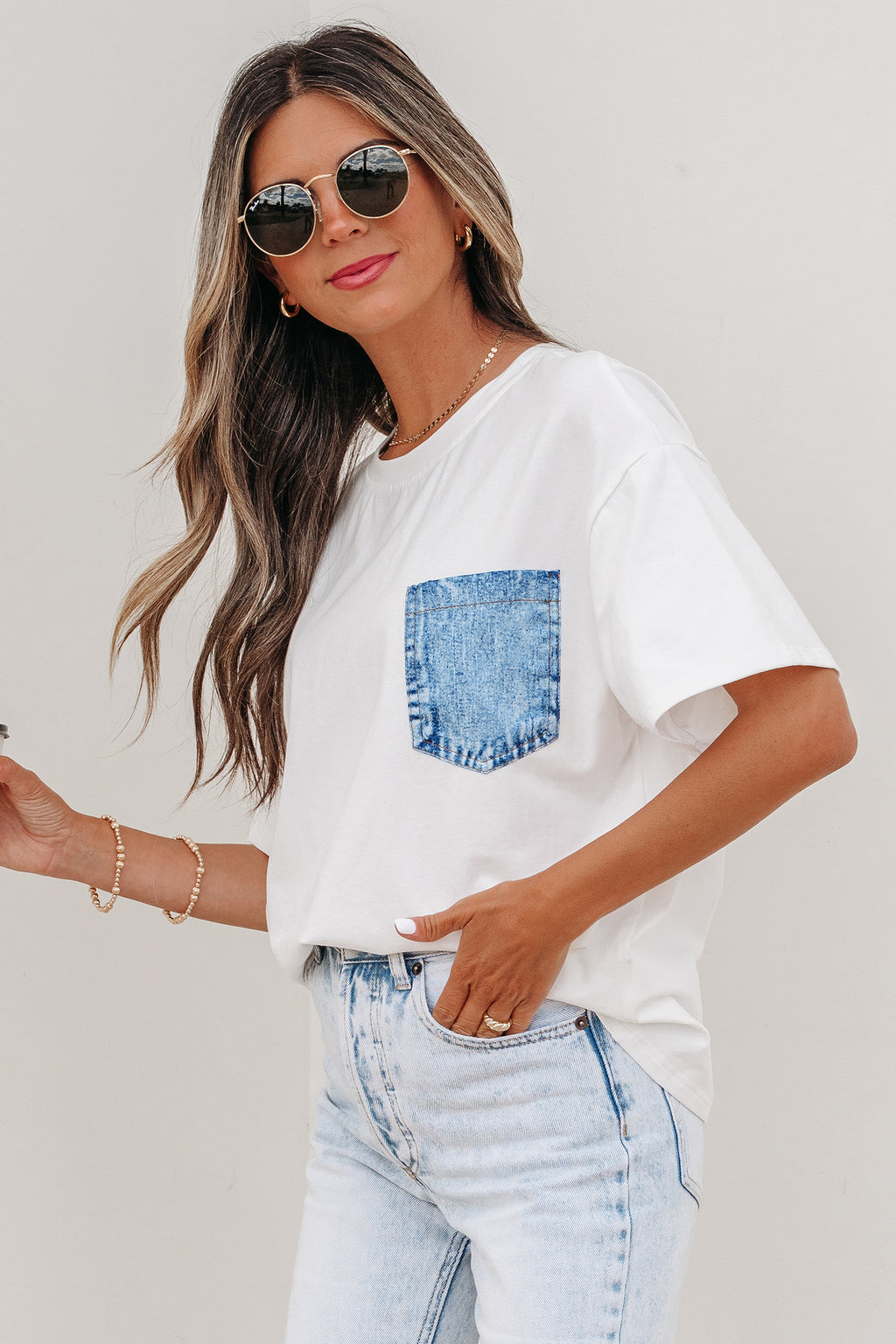 Color Block Chest Pocket Patched Casual Short Sleeve Top