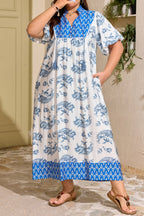 Sky Blue Plus Size Floral Print Contrast Boho Patchwork V Neck Loose Midi Dress