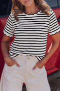 Striped Scalloped Trim Round Neck T Shirt