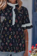 Black Contrast Frilled Trim Short Sleeve Floral Shirt