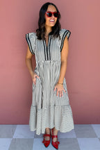 Striped Plus Size Slit V Neck Tiered Flutter Sleeve Maxi Dress
