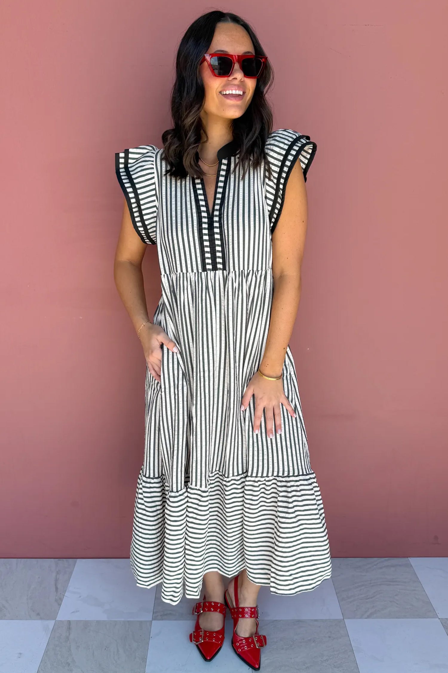 Striped Plus Size Slit V Neck Tiered Flutter Sleeve Maxi Dress
