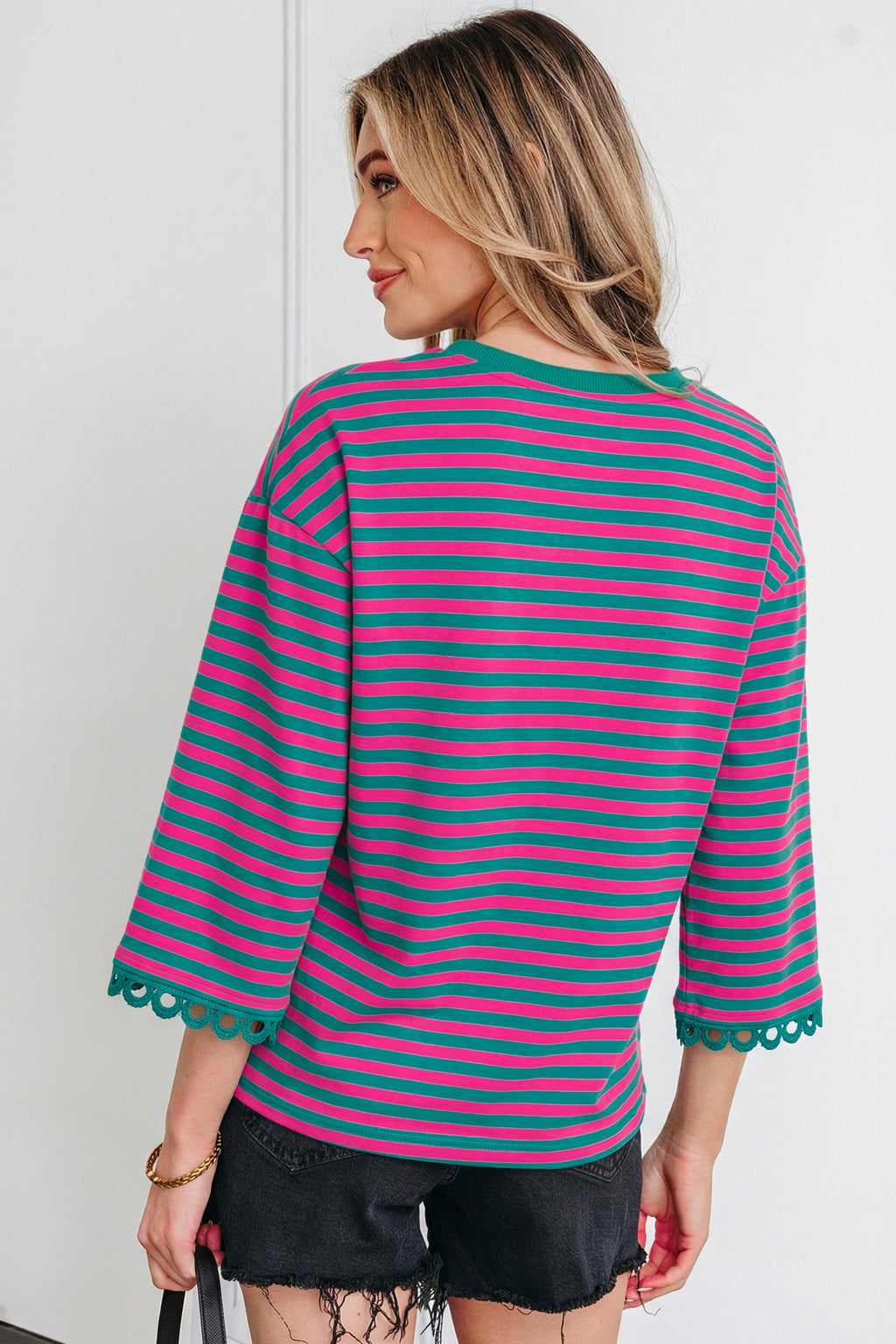 Striped Print Drop Shoulder Lace Trim Bracelet Sleeve Loose Top