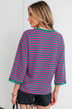Striped Print Drop Shoulder Lace Trim Bracelet Sleeve Loose Top