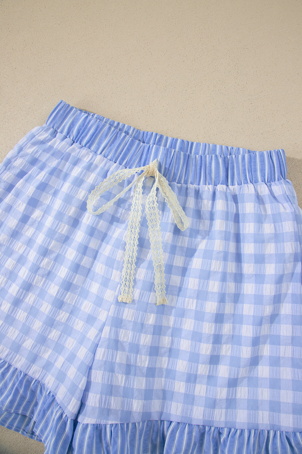 Gingham Print Ruffle Striped Detail Lace Tie Shorts