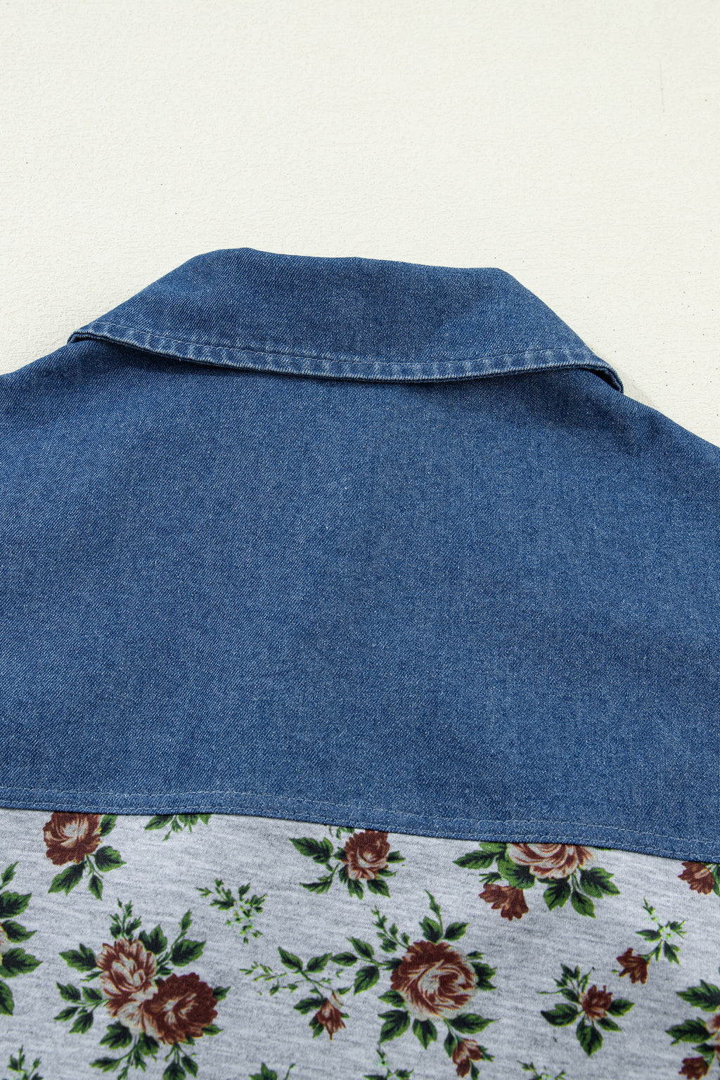 Grey Retro Floral Print Denim Patchwork Buttoned Polo Collar Top