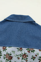 Grey Retro Floral Print Denim Patchwork Buttoned Polo Collar Top
