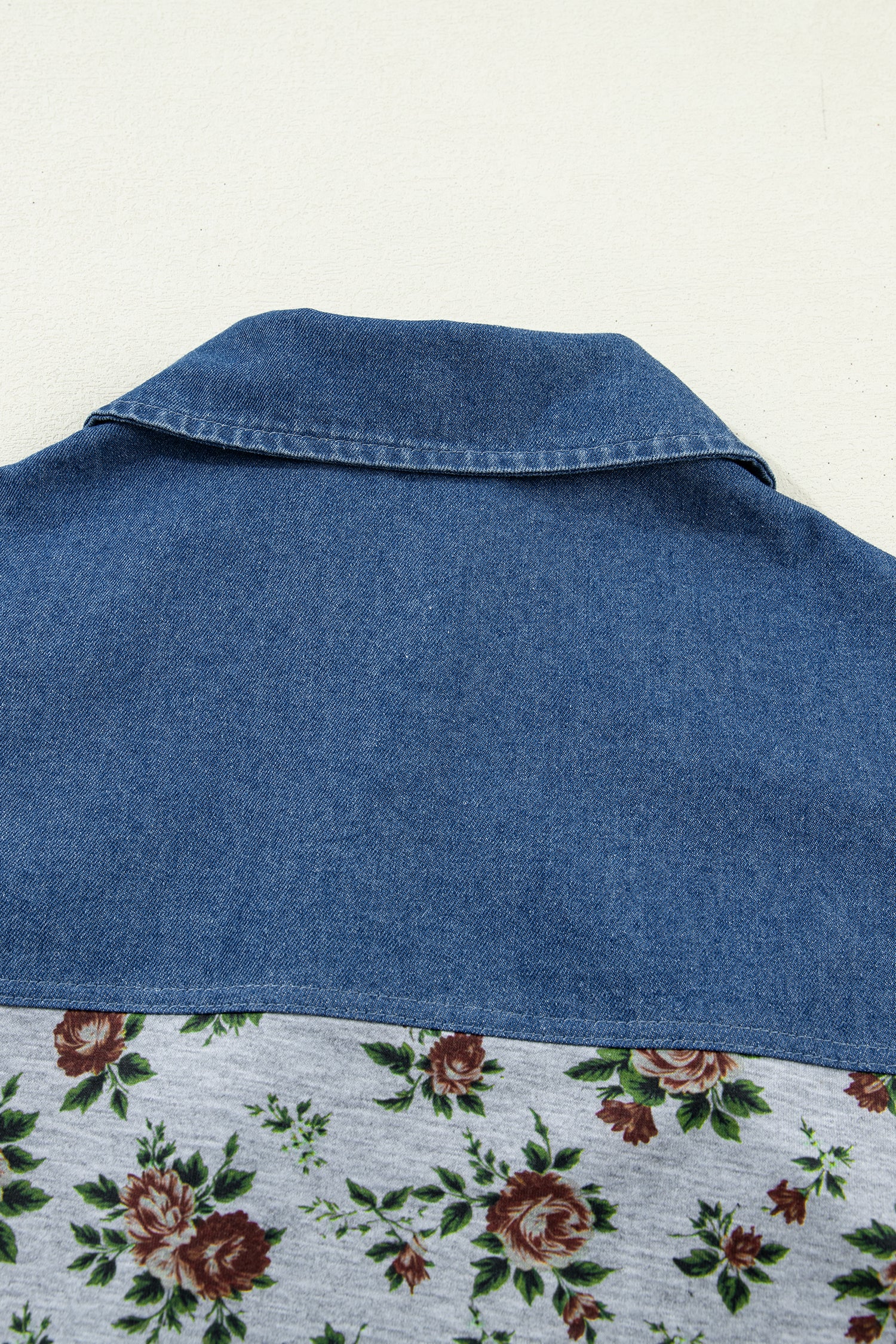 Grey Retro Floral Print Denim Patchwork Buttoned Polo Collar Top