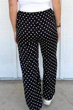 Black Polka Dot Print Elastic Waist Lace Hem Loose Pants
