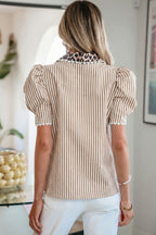 Stripe Ricrac Trim Short Puff Sleeve Leopard Patchwork Collar V Neck Blouse