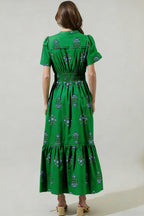 Floral Print Split Neck Shirred High Waist Ruffle Hem Maxi Dress