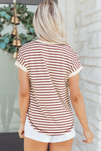 Striped Half Buttons Round Neck T Shirt