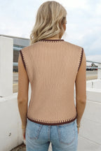 Light French Beige Ribbed Knit Contrast Trim Round Neck Horseshoe Sweater Vest