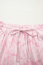 Pink Abstract Print V Neck Loose Tee Drawstring Shorts 2pcs Outfit