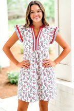 Floral Print Contrast Trim Flutter Sleeve Mini Dress