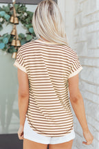 Striped Half Buttons Round Neck T Shirt