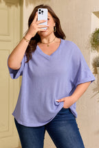 V Neck Short Sleeve Plus Size Waffle Knit Top
