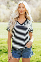 Black Striped Print V Neck Delicate Trim Casual Tee
