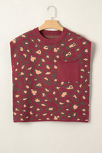 Red Leopard Print Cap Sleeve Knitted Top