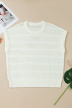 White Plus Size Eyelet Hollow Out Knit Ribbed Trim Short Sleeve Dolman Sweater