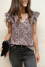 Black Cheetah Print V Neck Ruffle Trim Loose Tank Top