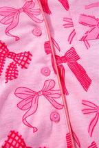 Pink Bow Knot Print Lapel Collar Short Sleeve and Pants Pyjamas Set