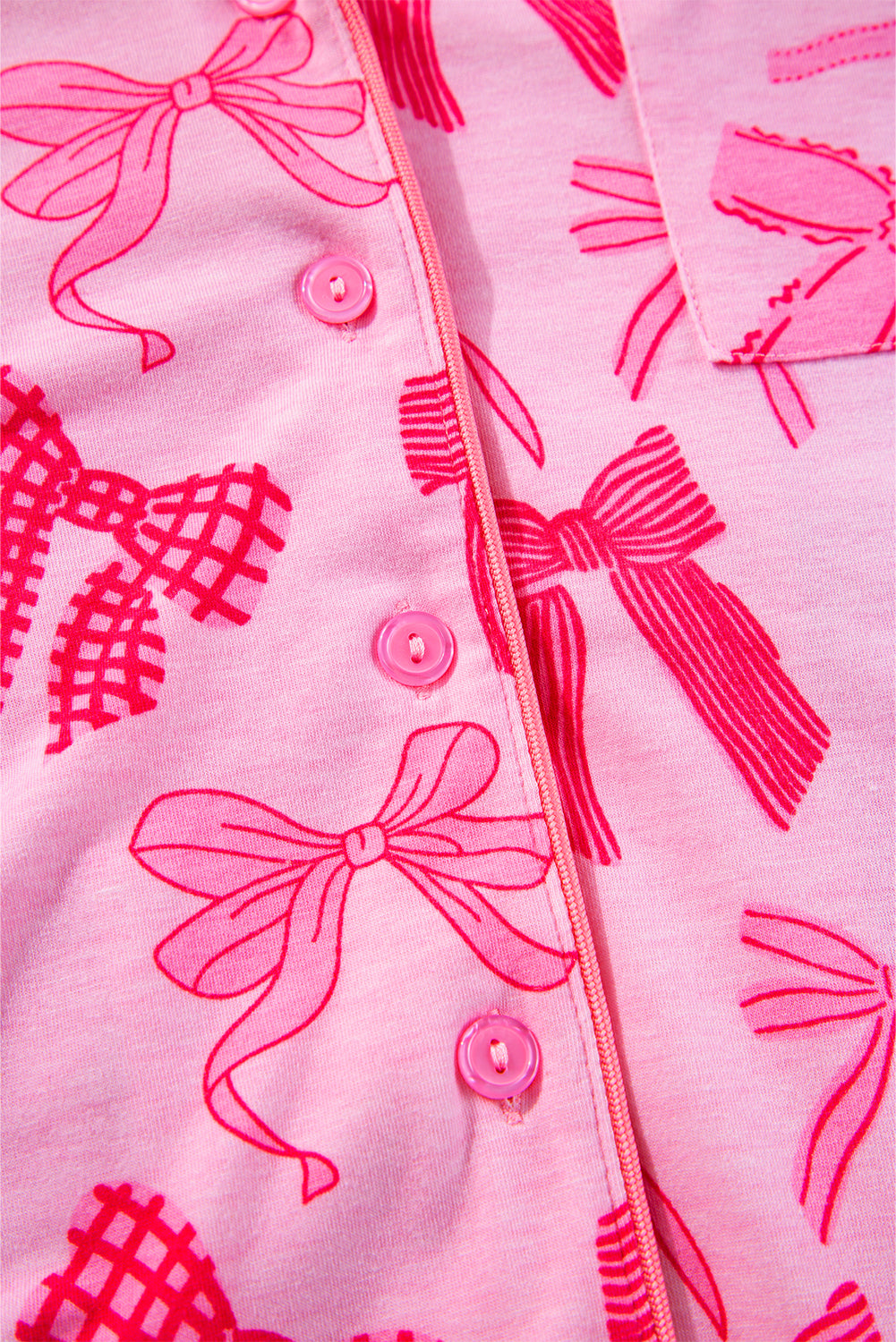 Pink Bow Knot Print Lapel Collar Short Sleeve and Pants Pyjamas Set
