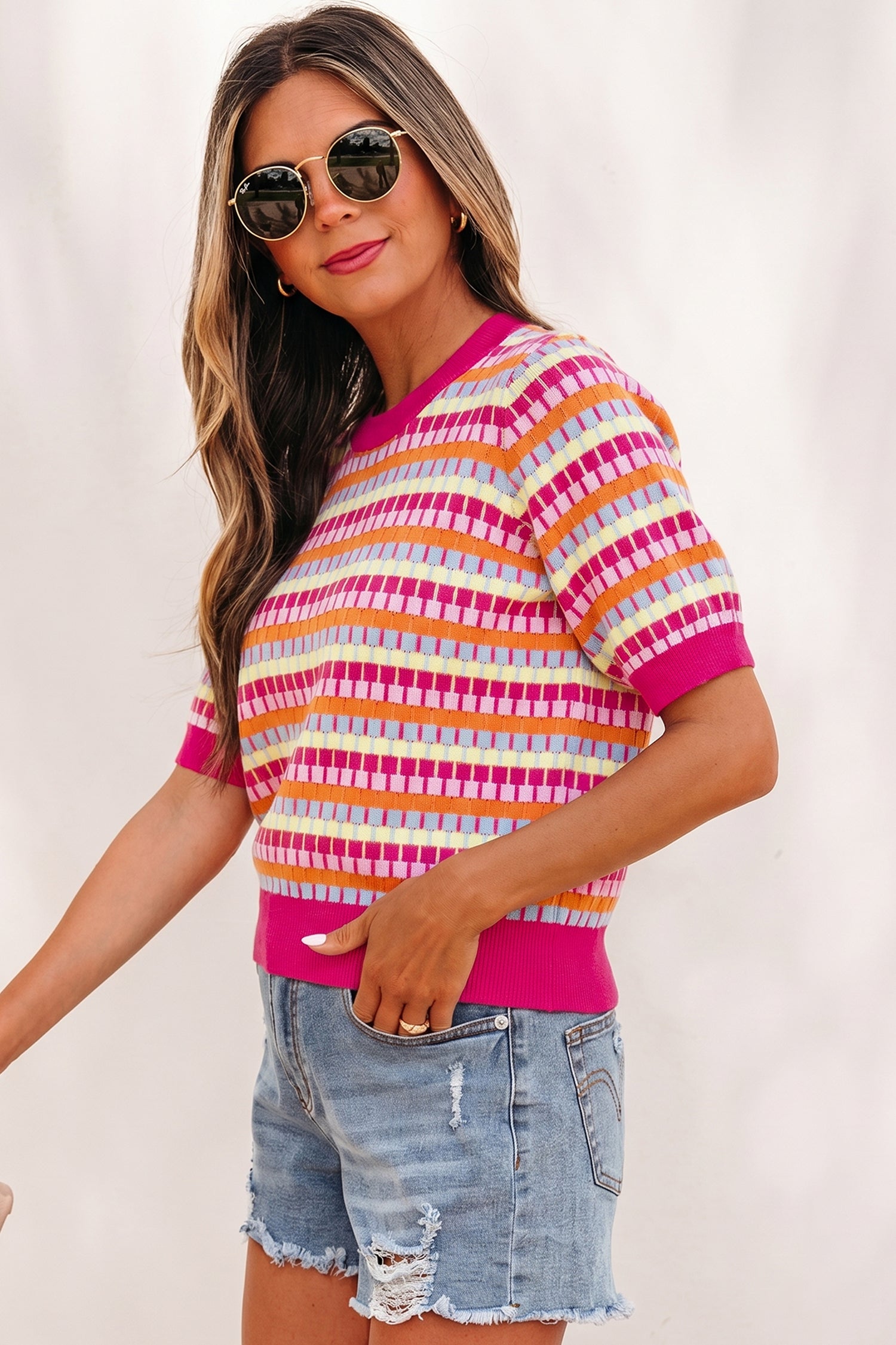 Abstract Striped Knit Short Sleeve Sweater