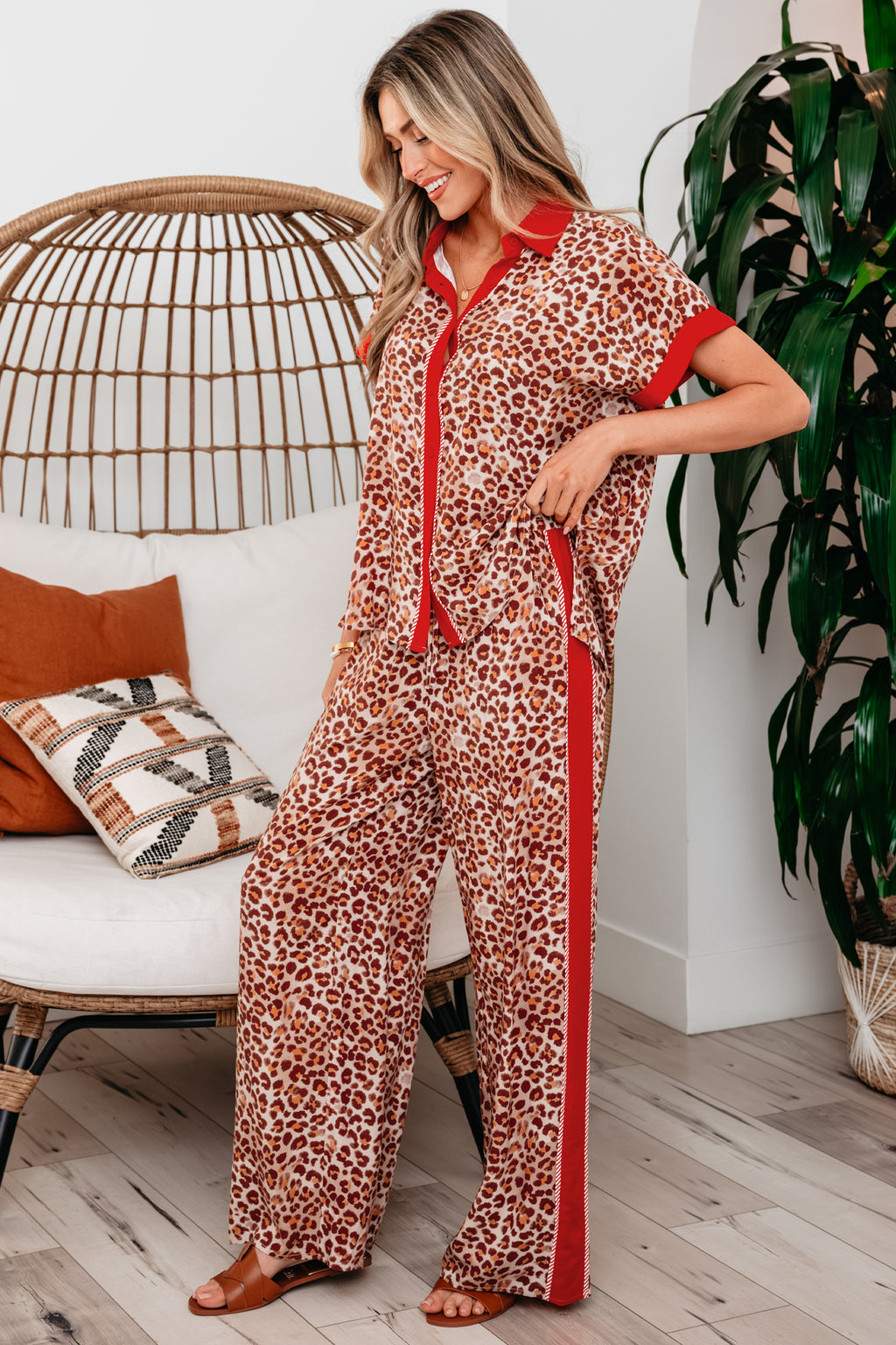 Contrast Trim Leopard Top and Pant Set