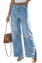 Sky Blue Retro Floral Print Frayed Hem Shift Jeans