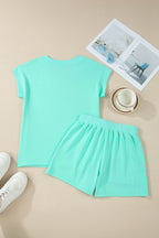 V Neck Short Sleeve Top Drawstring Shorts 2pcs Set