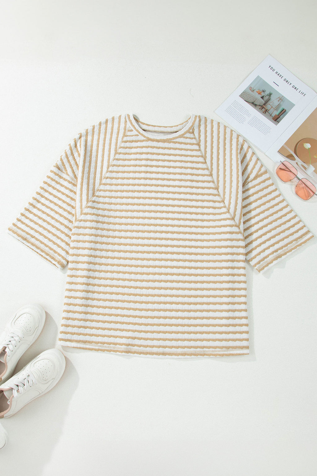 Striped Plus Size Textured Patchwork Detail Half Sleeve Top