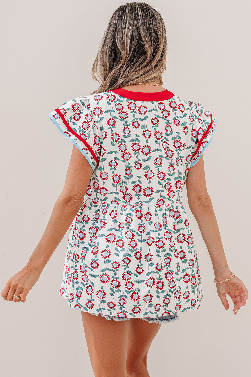 Sunflower Printed Contrast Trim V Neck Flutter Sleeve Blouse